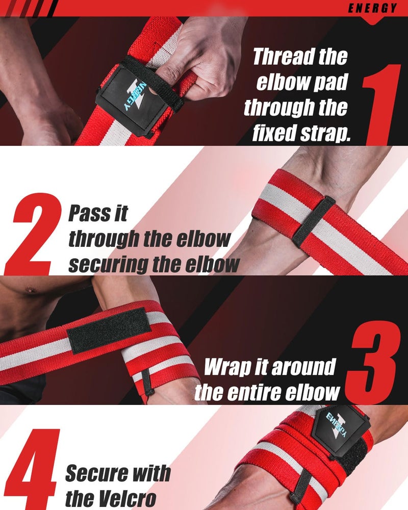 kcross Elbow Wraps for Weightlifting, 47" Strengthening support Elbow Sleeve Weightlifting (1 Pair) for Powerlifting, Bench Press, Gym Workout (Red White Striped) - Image 5